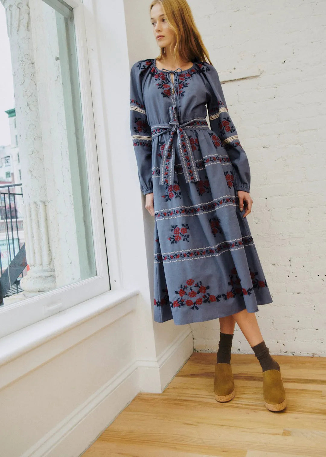 Blue with Contrasting Brick Embroidery
