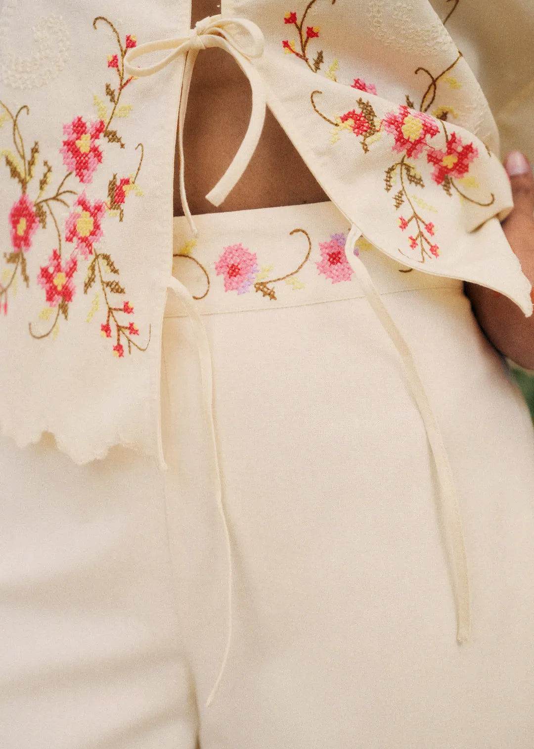 Cream with Pink Floral Embroidery