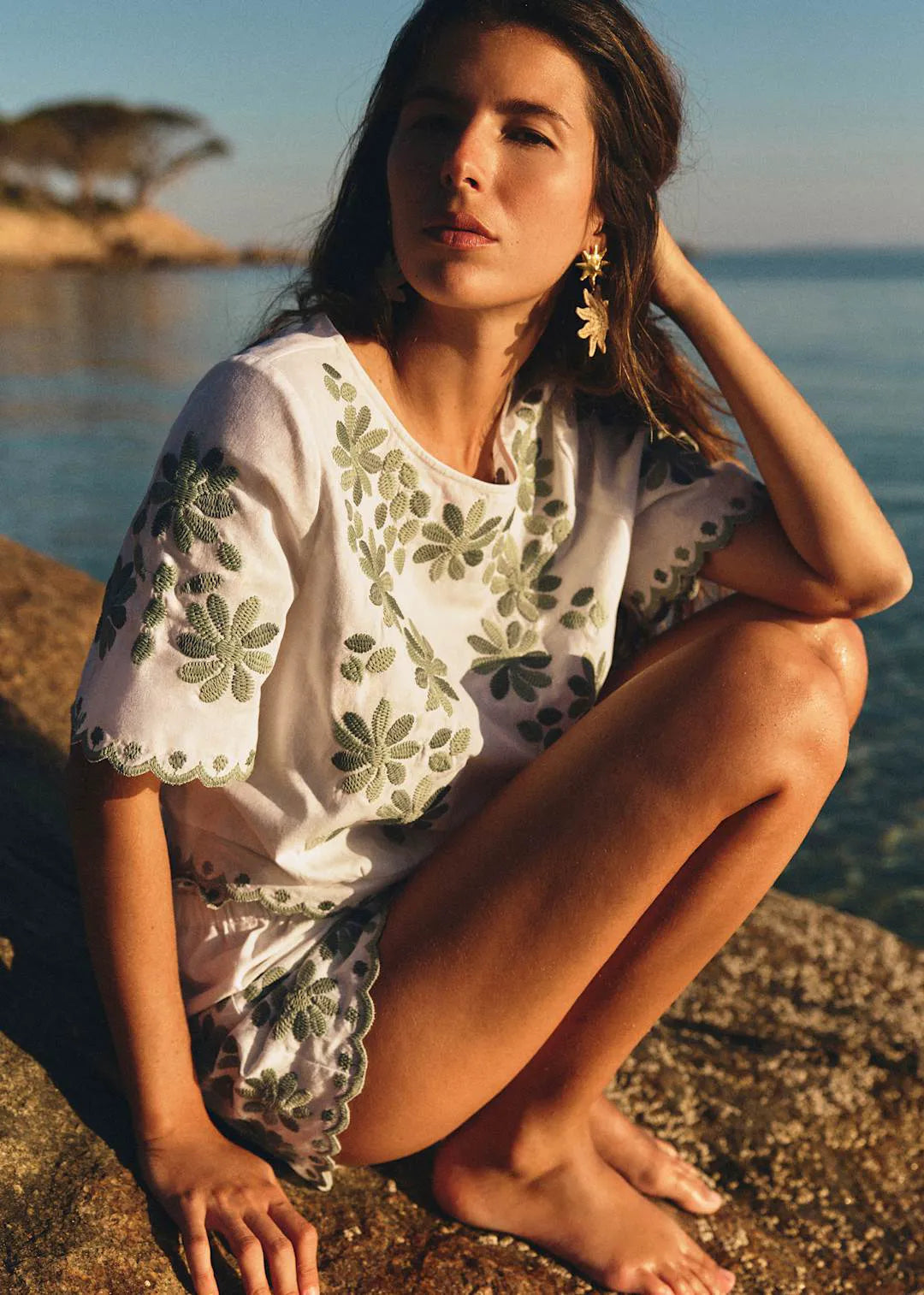 Ecru with Green Contrasting Embroidery