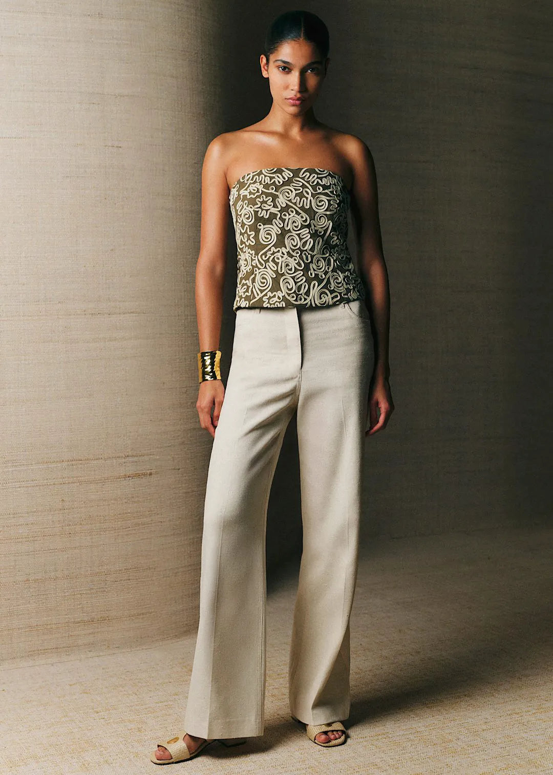 Khaki with Cream Dori Embroidery