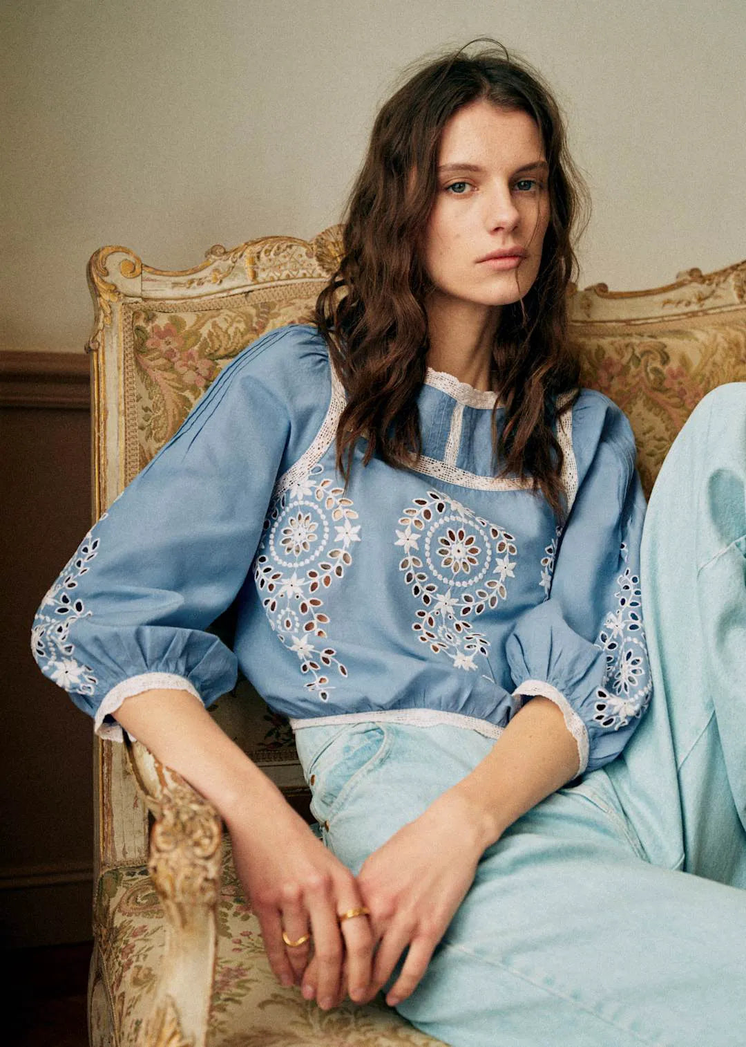 Ecru Contrasting Embroidery Chambray Background