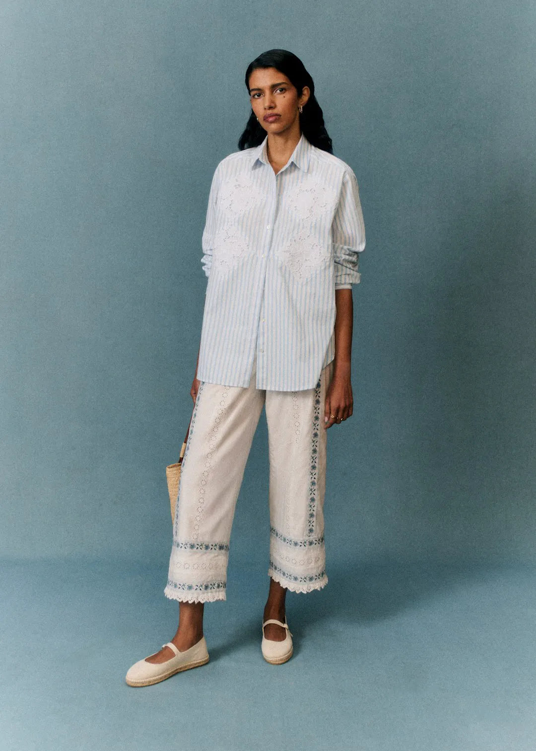 White with Blue Floral Embroidery
