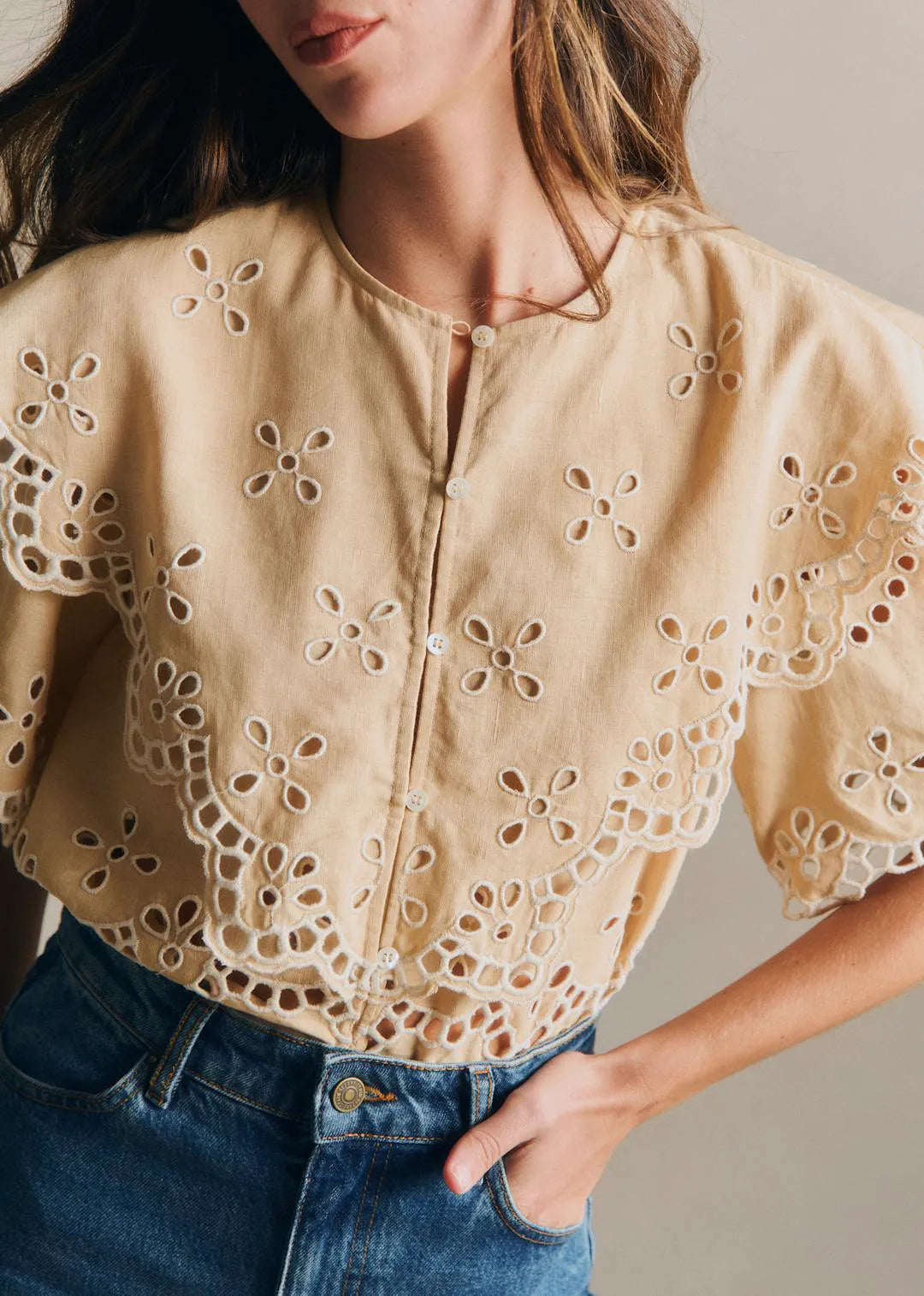 Contrasting Ecru Embroidery Beige Background