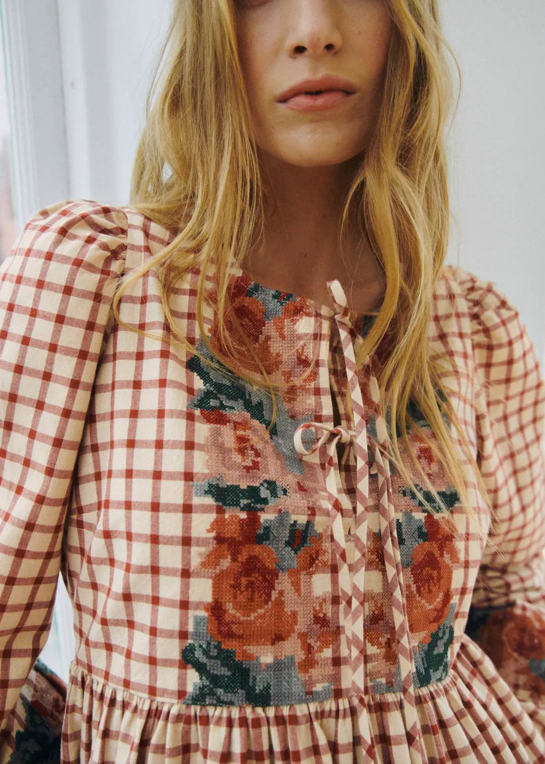 Checked Print with Floral Embroidery