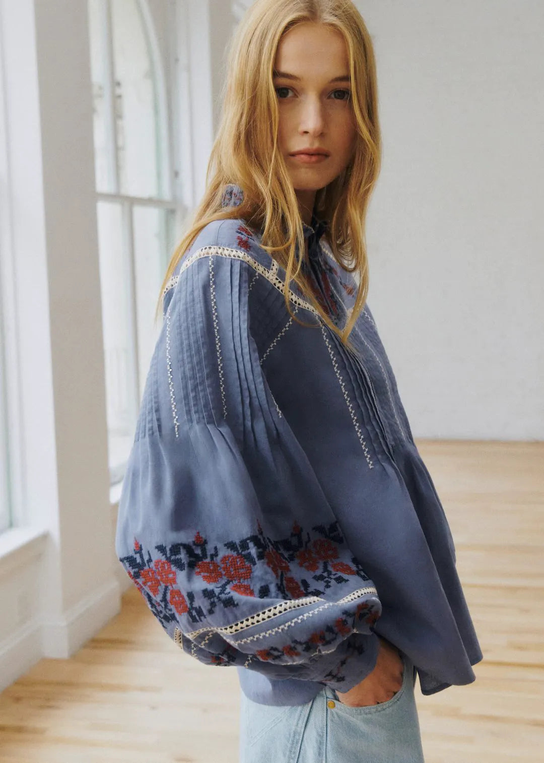 Blue with Contrasting Brick Embroidery