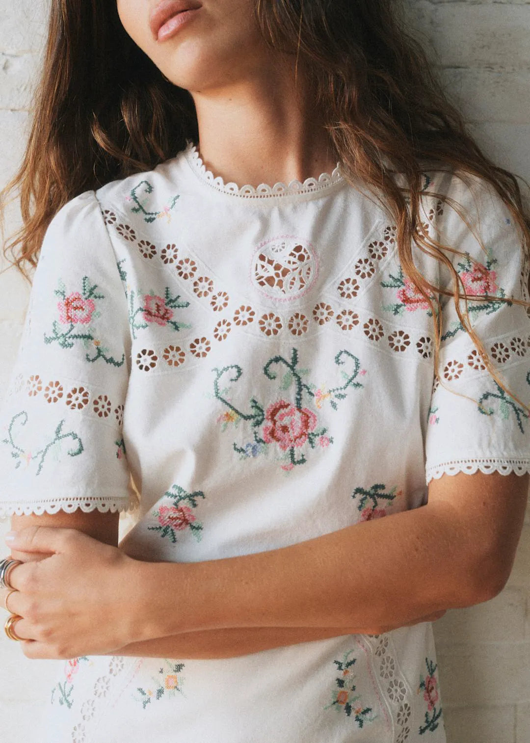 Ecru with Multicolored Embroidery