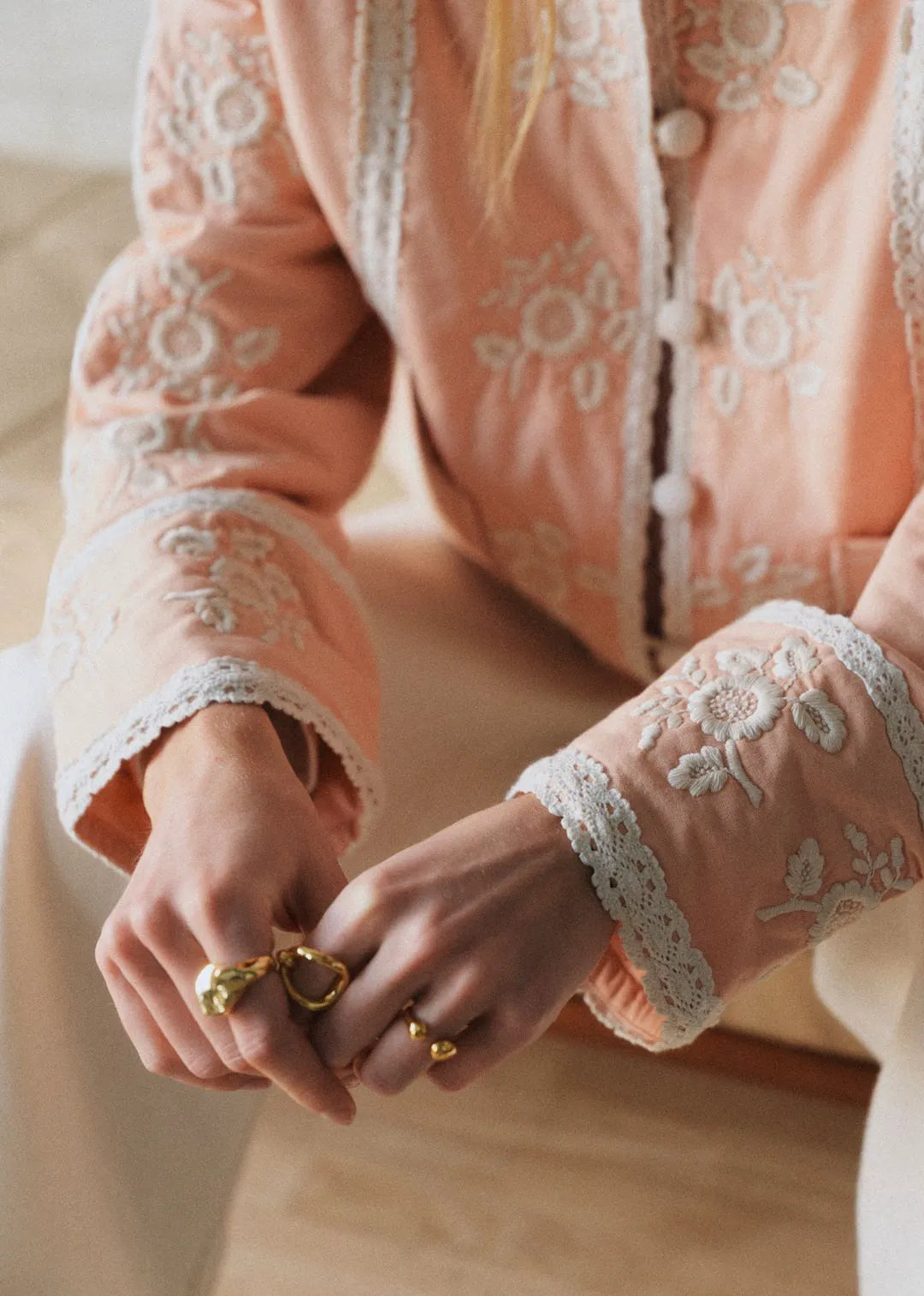 Pastel Pink with Ecru Embroidery