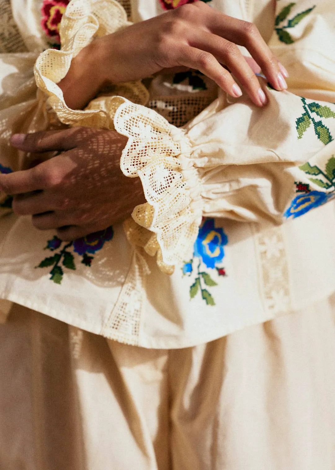 Ecru with Placed Multicolored Ecru Embroidery