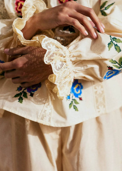 Ecru with Placed Multicolored Ecru Embroidery