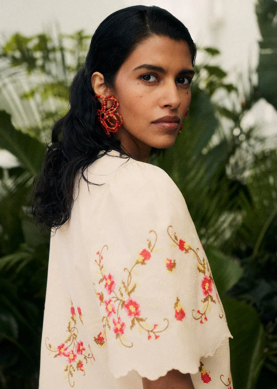 Cream with Pink Floral Embroidery