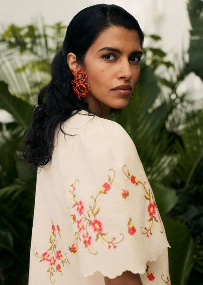 Cream with Pink Floral Embroidery