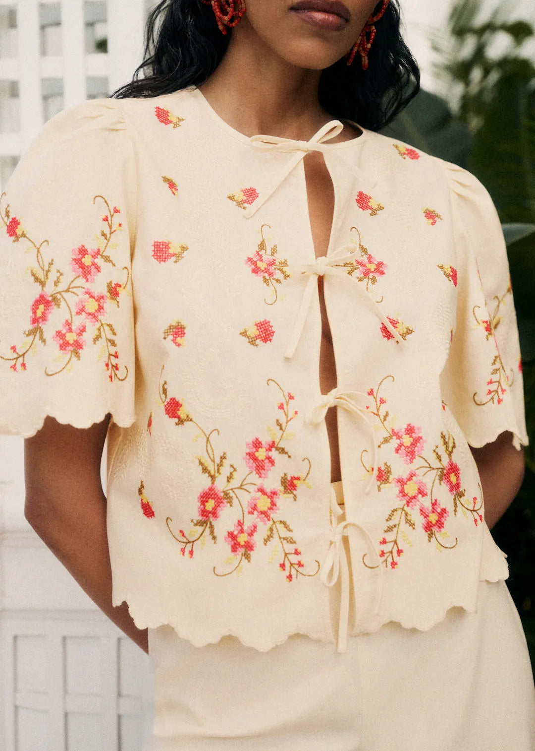 Cream with Pink Floral Embroidery