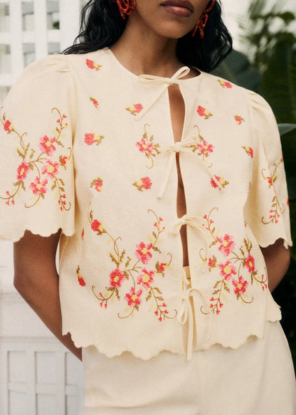 Cream with Pink Floral Embroidery