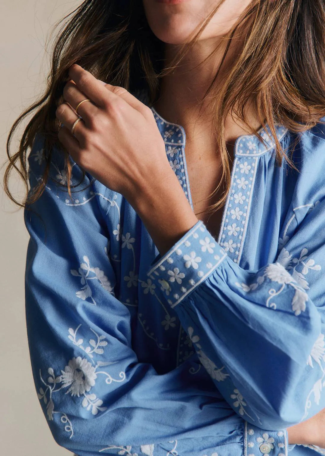 Vintage Blue with Contrasting Ecru Embroidery
