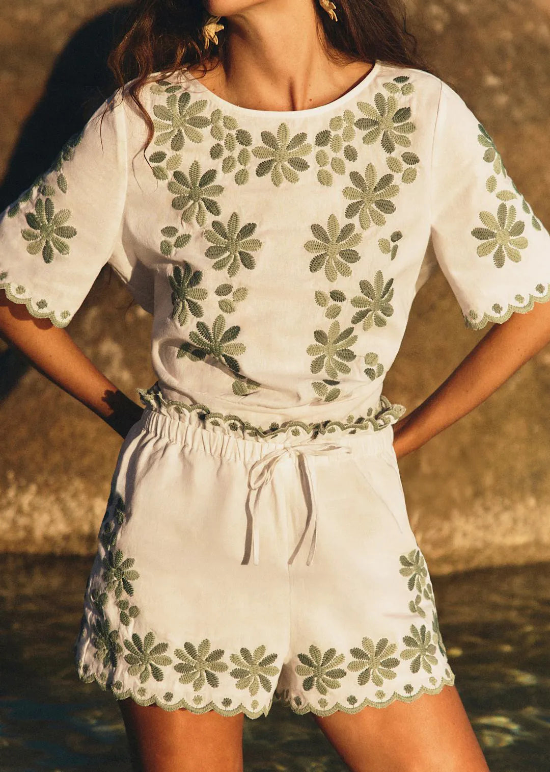 Ecru with Green Contrasting Embroidery