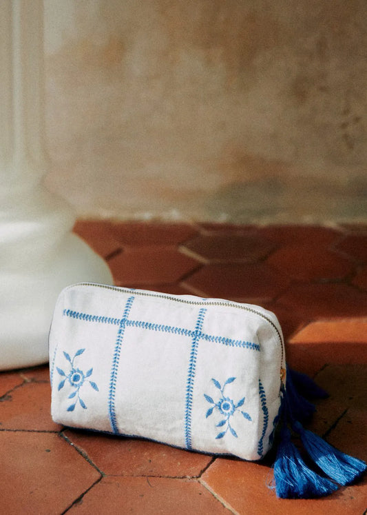 Ecru with Blue Embroidery