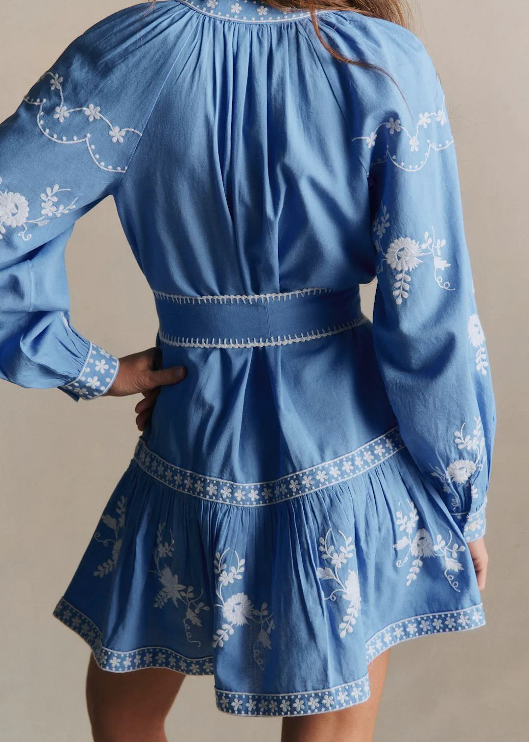 Vintage Blue with Contrasting Ecru Embroidery