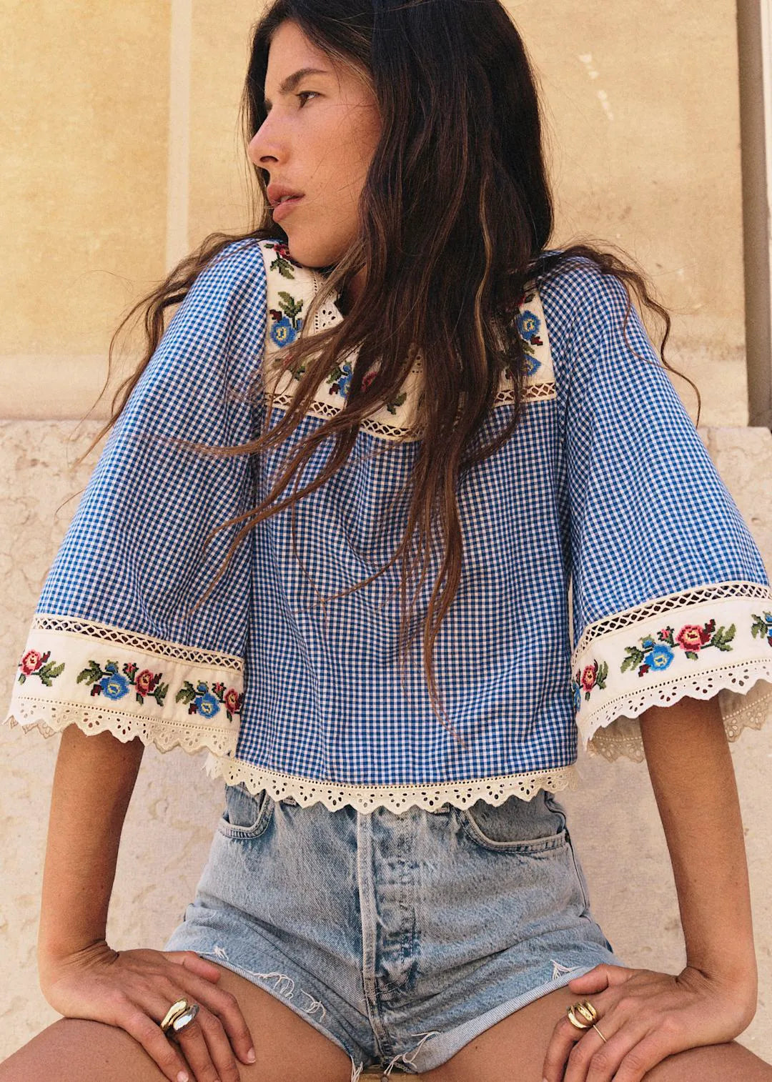 Blue Gingham Print with Botanical Embroidery - Solidarity Creation
