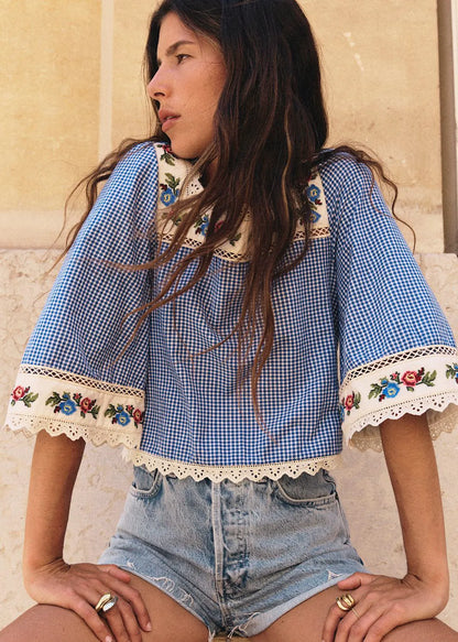 Blue Gingham Print with Botanical Embroidery - Solidarity Creation