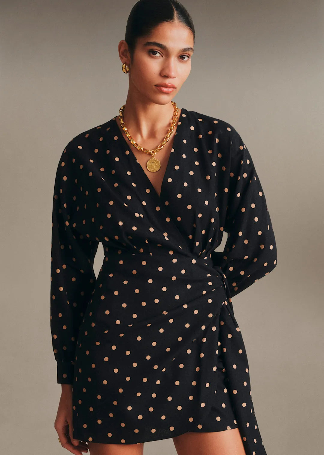 Beige Polka Dots Black Background Print