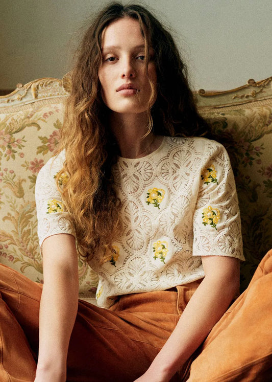 Ecru with Yellow Florals and Embroidery