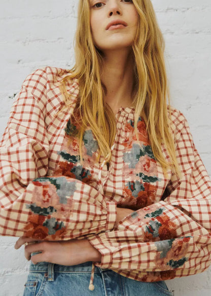 Checked Print with Floral Embroidery