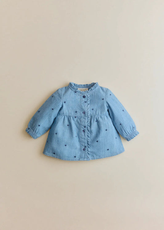 Chambray with embroidered navy hearts