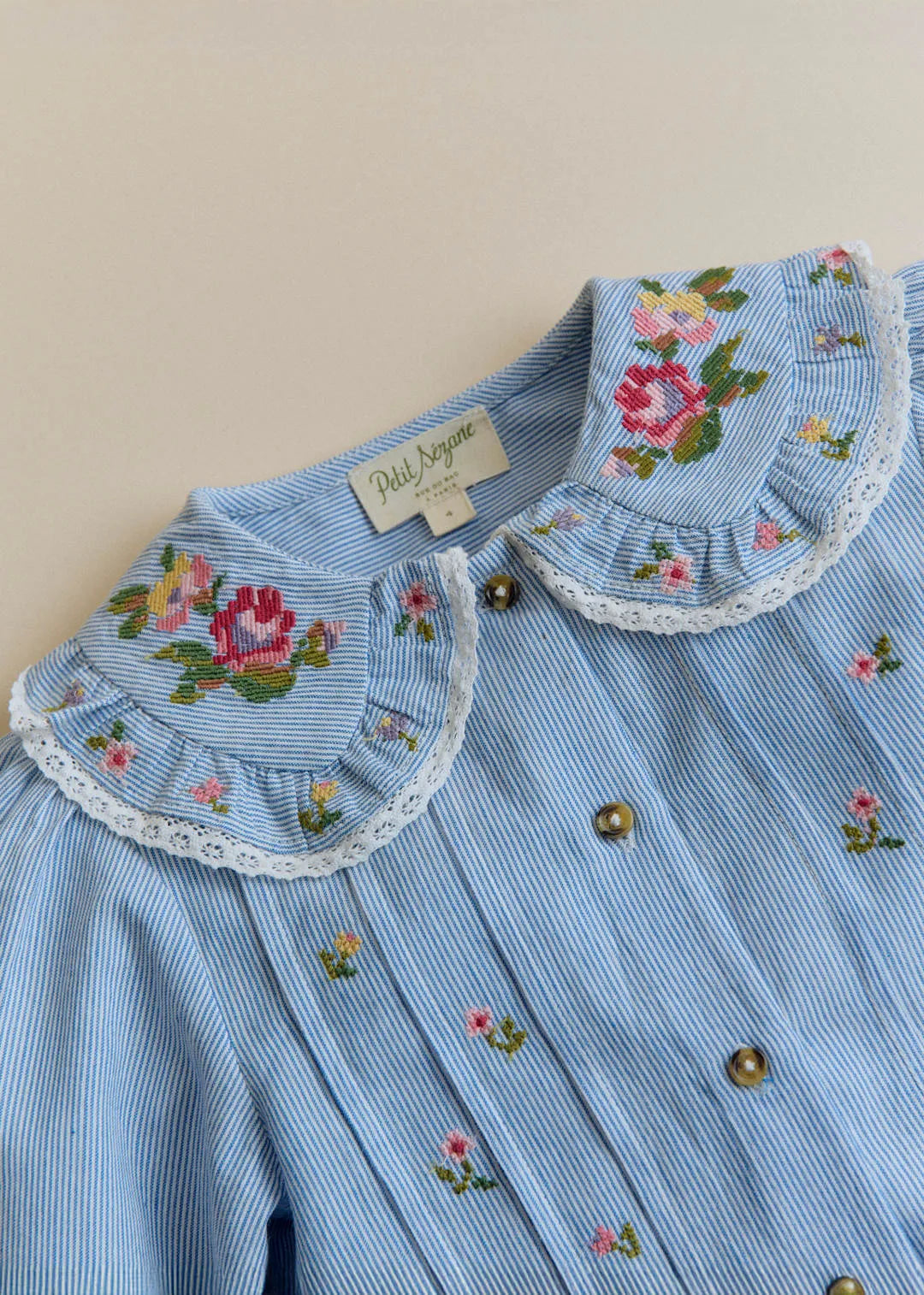 Blue Stripe Voile & Meadow Embroidery