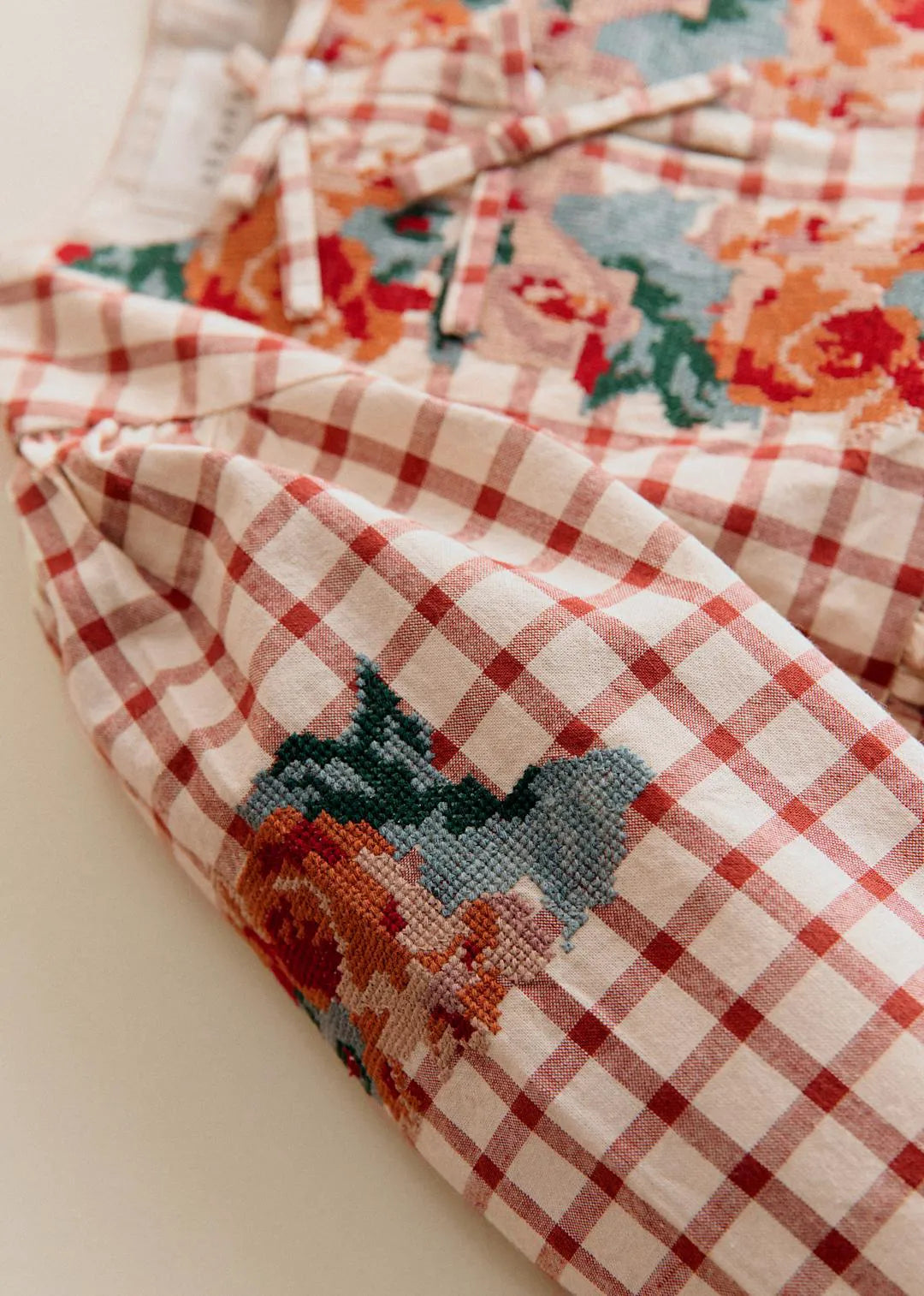 Checked Print with Floral Embroidery