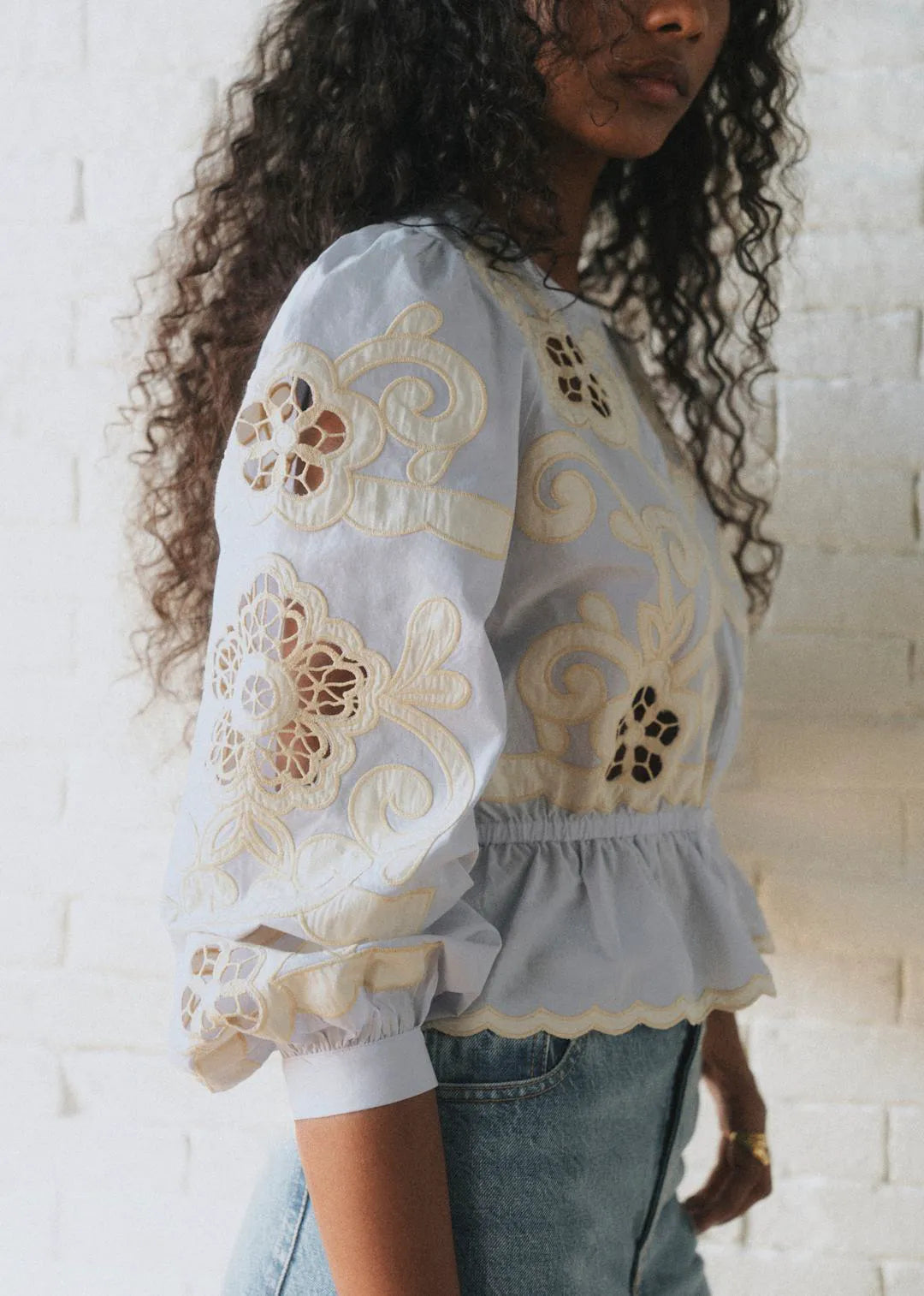 Sky Blue with Ecru Embroidery