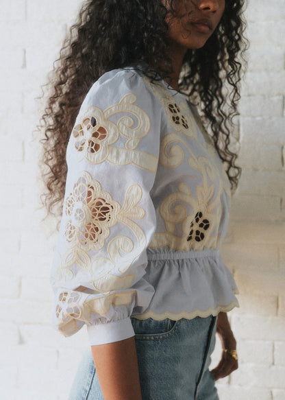 Sky Blue with Ecru Embroidery