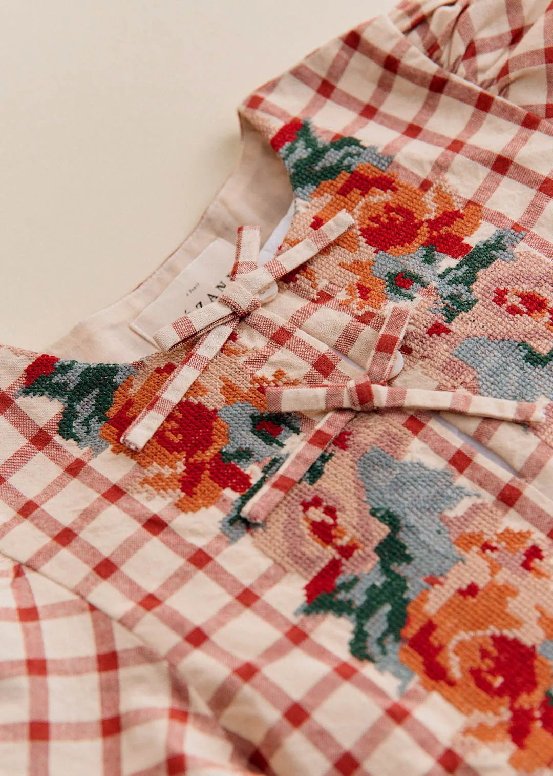 Checked Print with Floral Embroidery