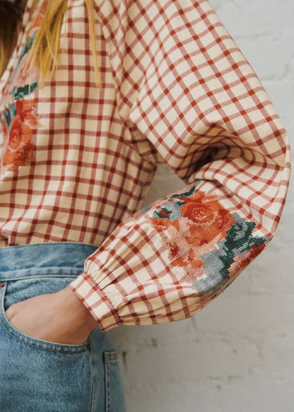 Checked Print with Floral Embroidery