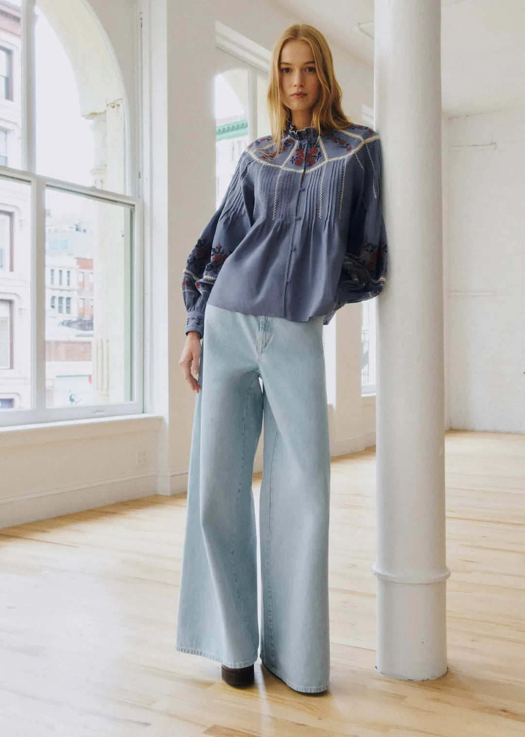 Blue with Contrasting Brick Embroidery