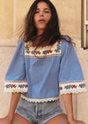 Blue Gingham Print with Botanical Embroidery - Solidarity Creation