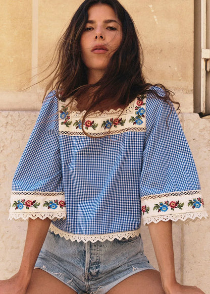 Blue Gingham Print with Botanical Embroidery - Solidarity Creation