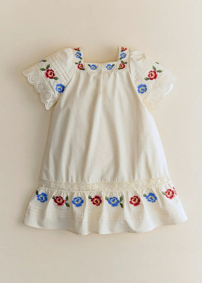 Ecru with Multicolored Floral Placed Embroidery
