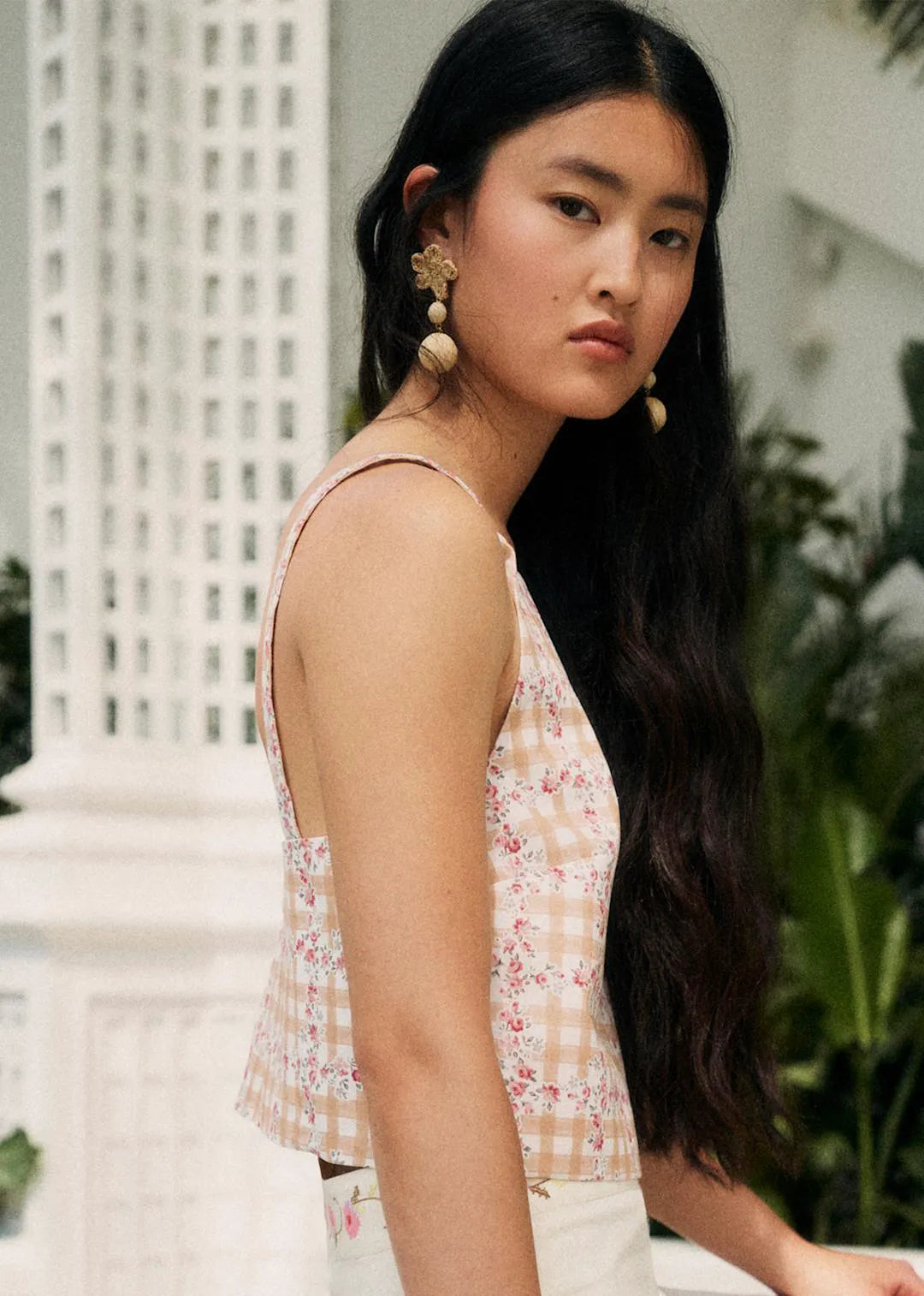 Beige Gingham and Floral Print
