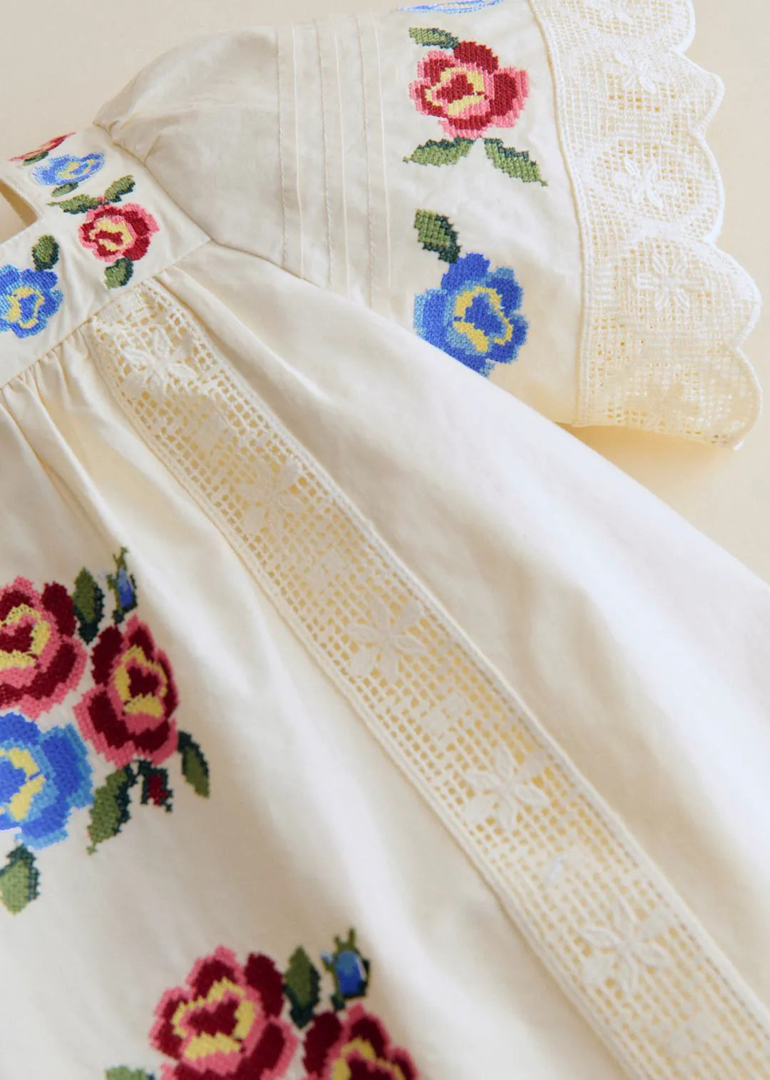 Ecru with Multicolored Floral Placed Embroidery