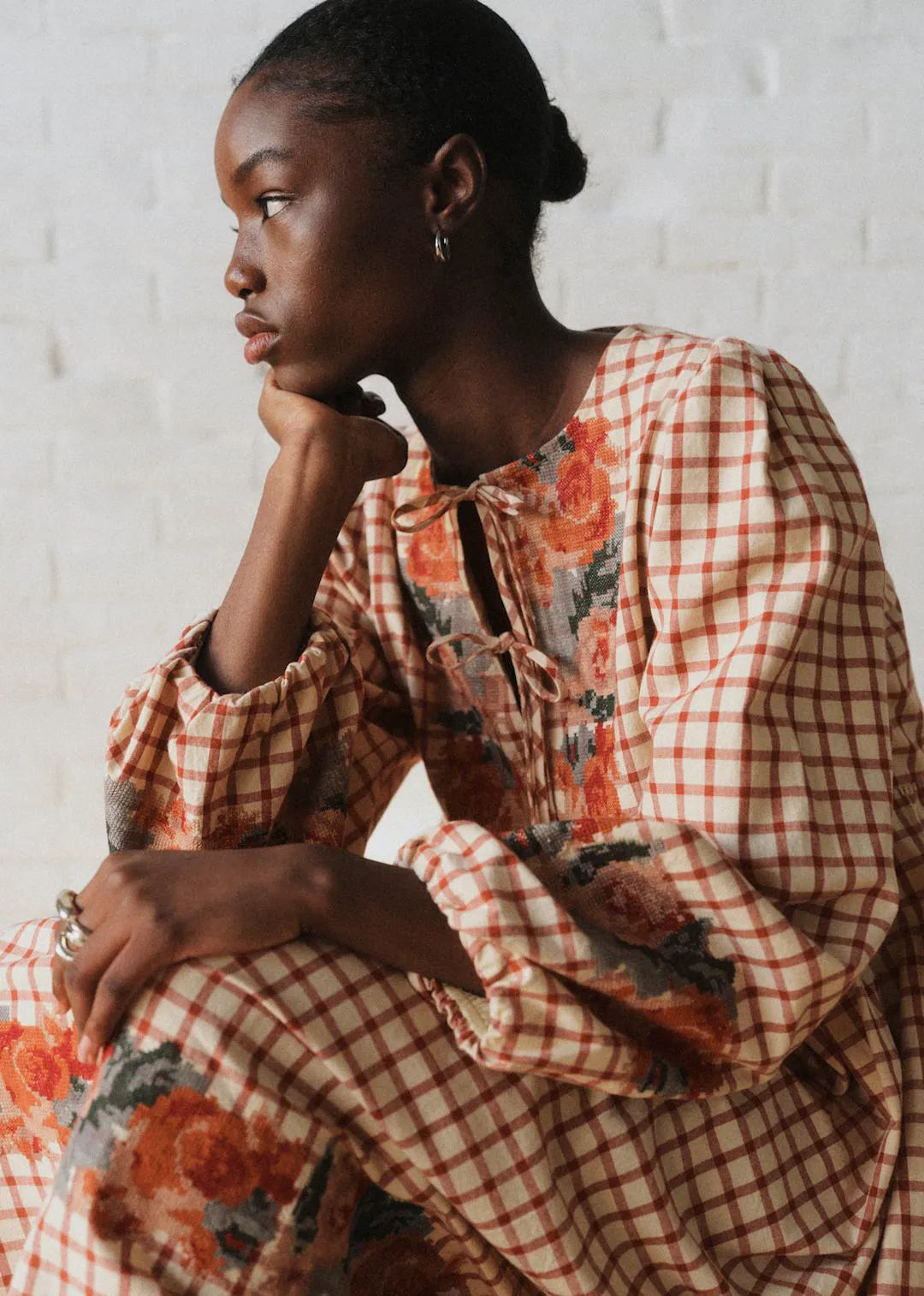 Checked Print with Floral Embroidery