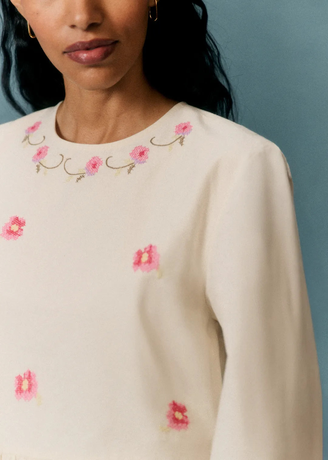Cream with Pink Floral Embroidery