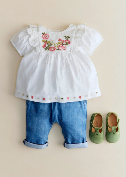 Ecru with Contrasting Tricolor Embroidery