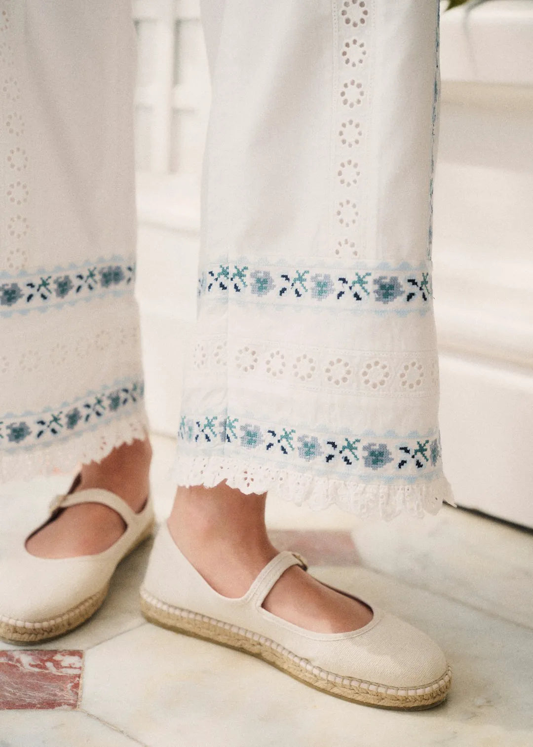 White with Blue Floral Embroidery