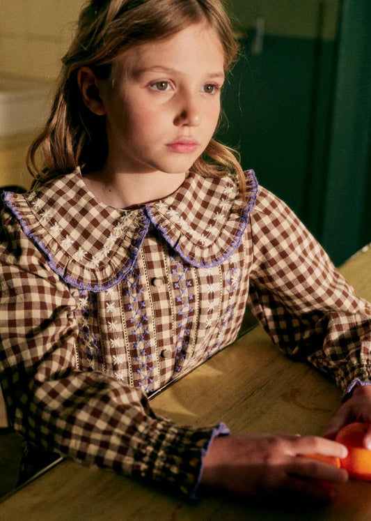 Lila Brown Gingham Embroidery