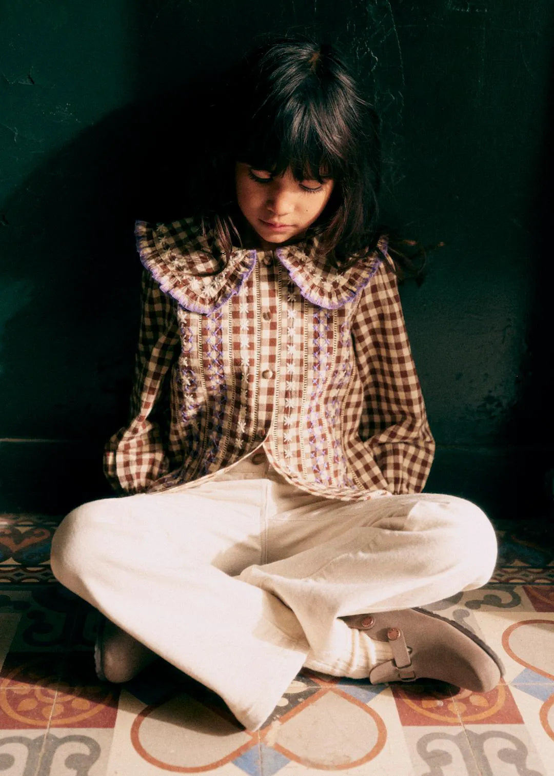 Lila Brown Gingham Embroidery