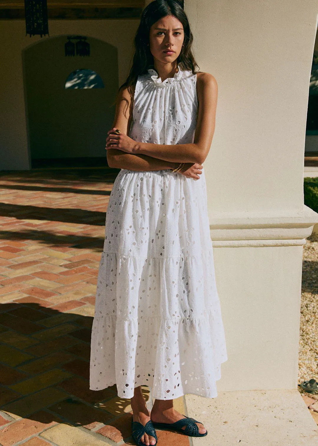 Solid Floral Embroidery Maxi Ecru