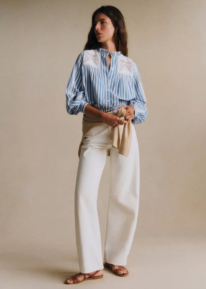 Blue and White Stripes with Embroidery