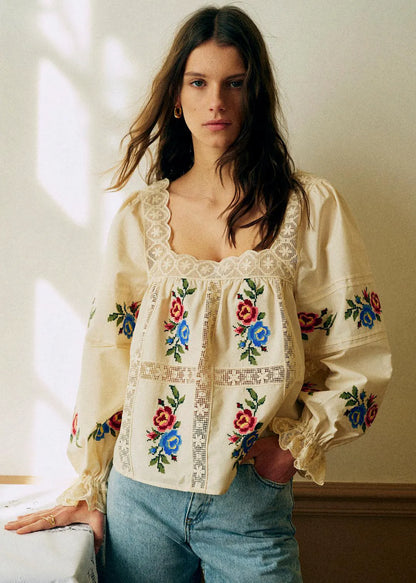 Ecru with Placed Multicolored Ecru Embroidery
