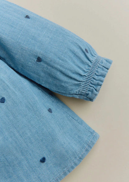 Chambray with embroidered navy hearts