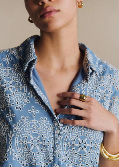 Vintage Blue with Contrasting Ecru Embroidery